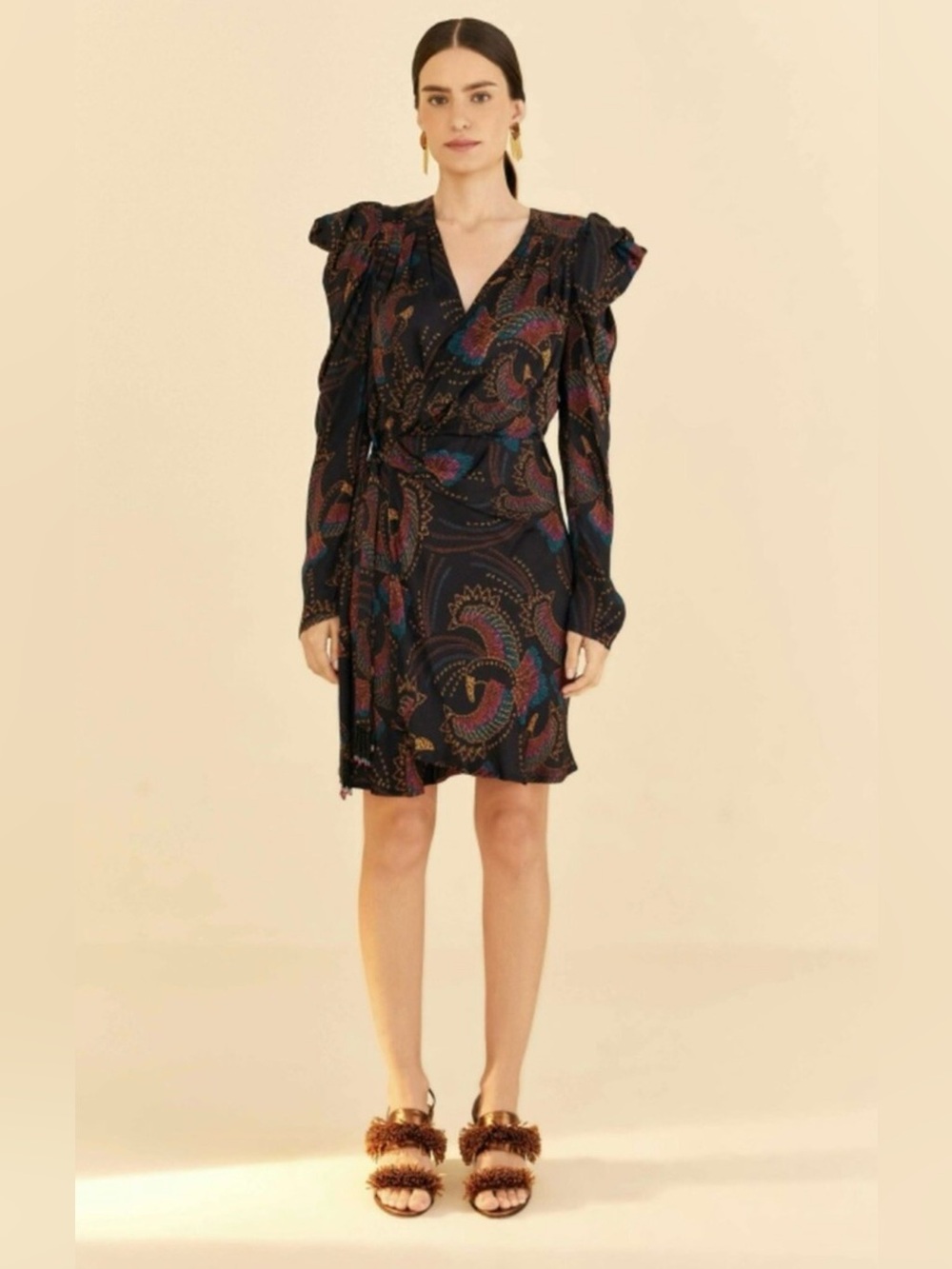 NWT Farm Rio Segan Toucans Black Wrap Mini Dress Size XS Long Puff Sleeve